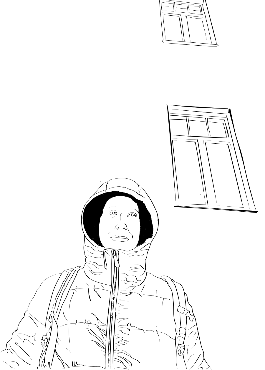 Black and white drawing of Steve in front of some windows