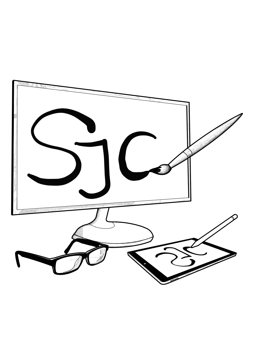 Reflection - Desktop screen with iPad, glasses, paintbrush and Apple Pencil.