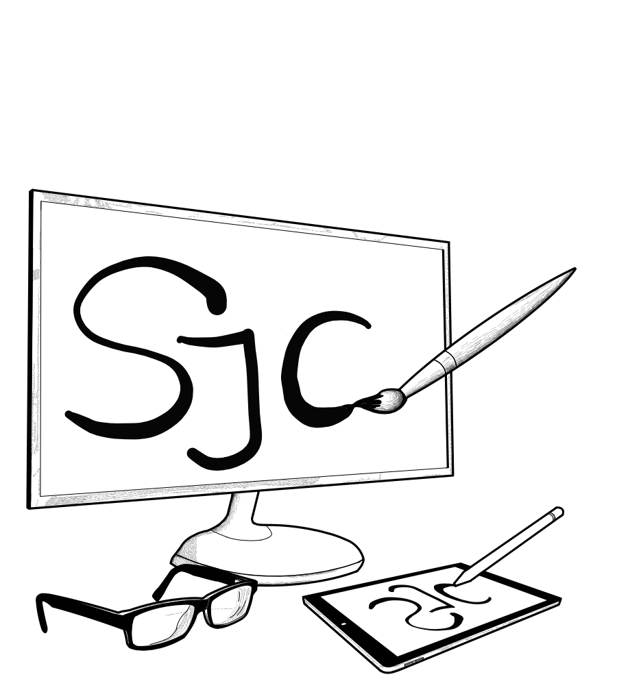 Reflection - Desktop screen with iPad, glasses, paintbrush and Apple Pencil.