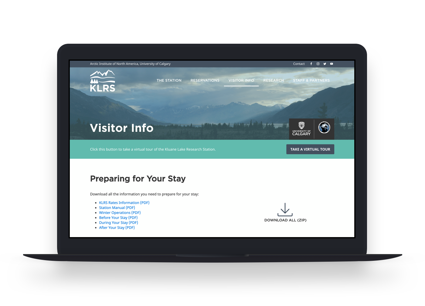Kluane Lake Research Station website - Visitor Info section on laptop