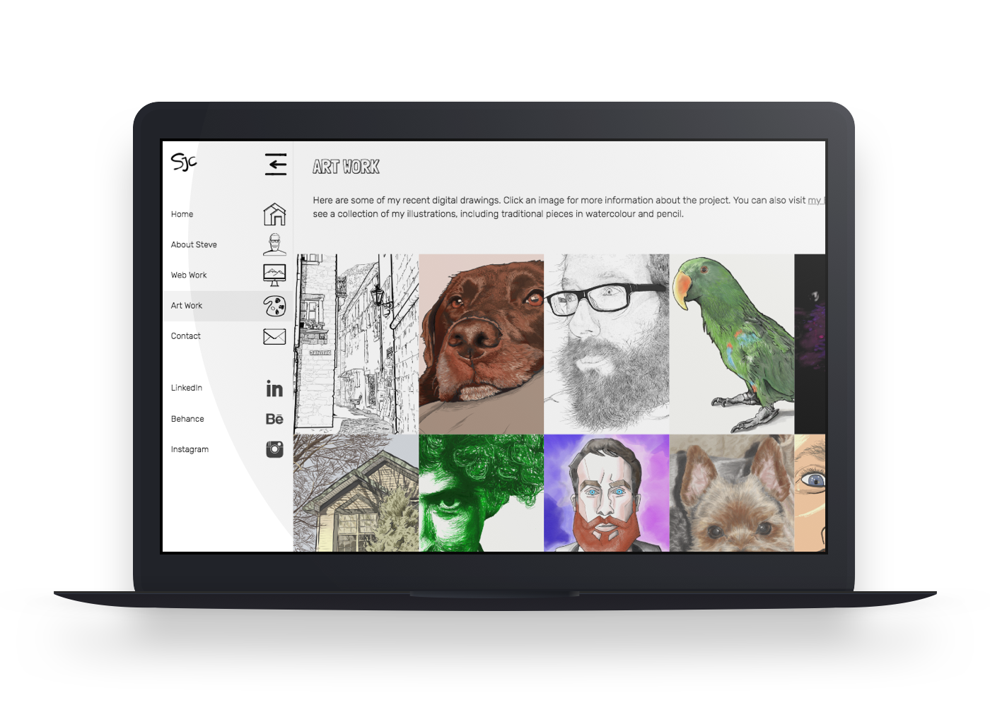 Stephen J Cater website - Art Work page on laptop