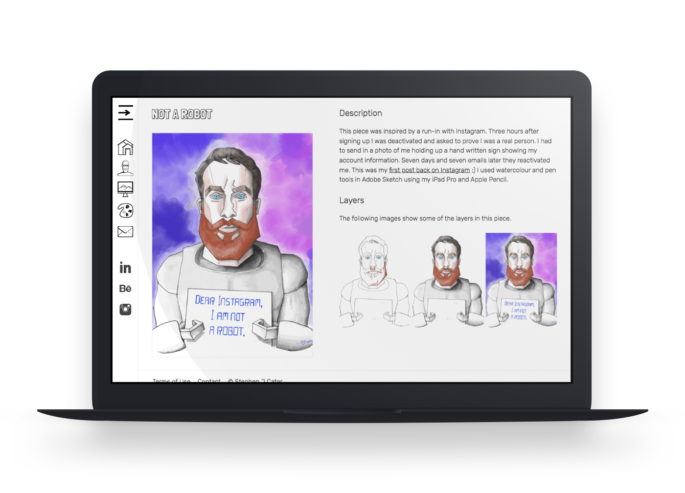 Stephen J Cater website - Not a Robot page on laptop
