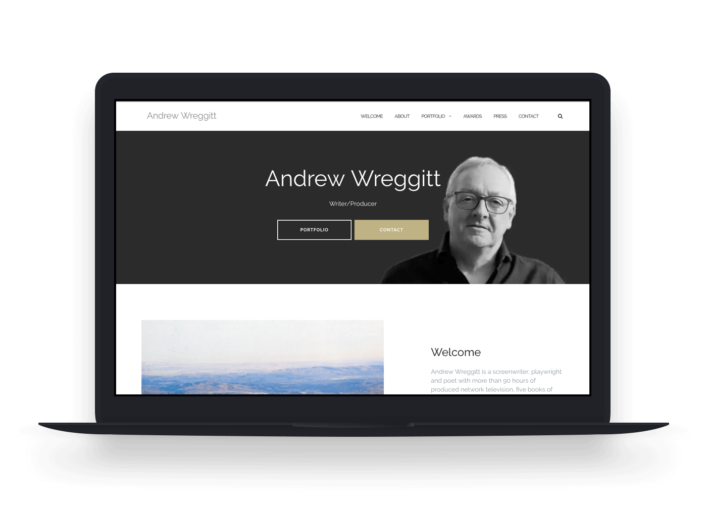 Andrew Wreggitt website - Home page on laptop